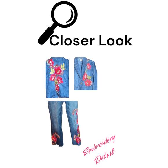 Vintage Canadian Tuxedo Denim Jean Outfit Y2k Floral Embroidered Women 4 Small - Picture 6 of 9